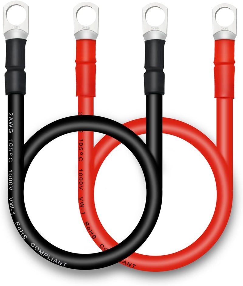 QIATOL كابلات بطارية 2 AWG مع أطراف نحاسية 3/8 بوصة (2 قطعة 2 قدم) - Image 1